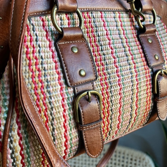 Vintage Woven Satchel Purse Boho Coastal Tote Faux Leather Removable Crossbody - Picture 6 of 13